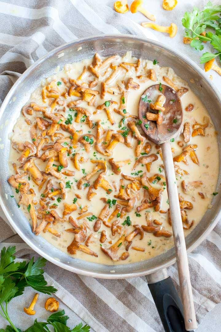 Chanterelle mushroom sauce in a frying pan.