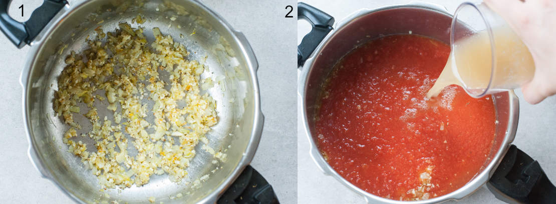 Sauteed onions and garlic in a pot. Broth is being added to tomato passata in a pot.