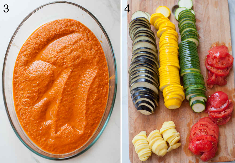 Left photo: paprika-tomato sauce in a baking dish, right photo: sliced vegetables on a board.