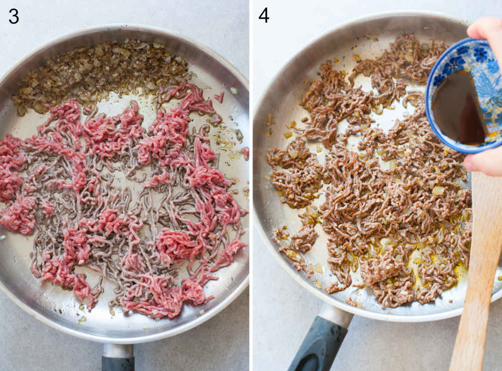 ground beef is being cooked in a pan and seasoned with Worcestershire sauce