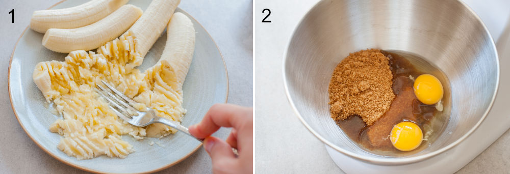 Left photo: mashed bananas on a plate. Right photo: eggs and sugar in a bowl.