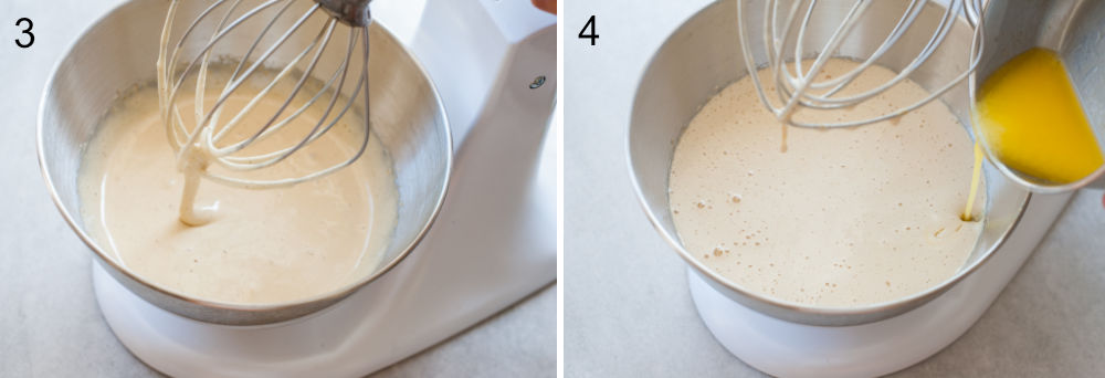 Butter is being added to beaten eggs with sugar in a bowl.