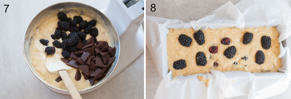 Left photo: blackberries and chocolate are being added to the bread batter, right photo: batter in a baking pan.