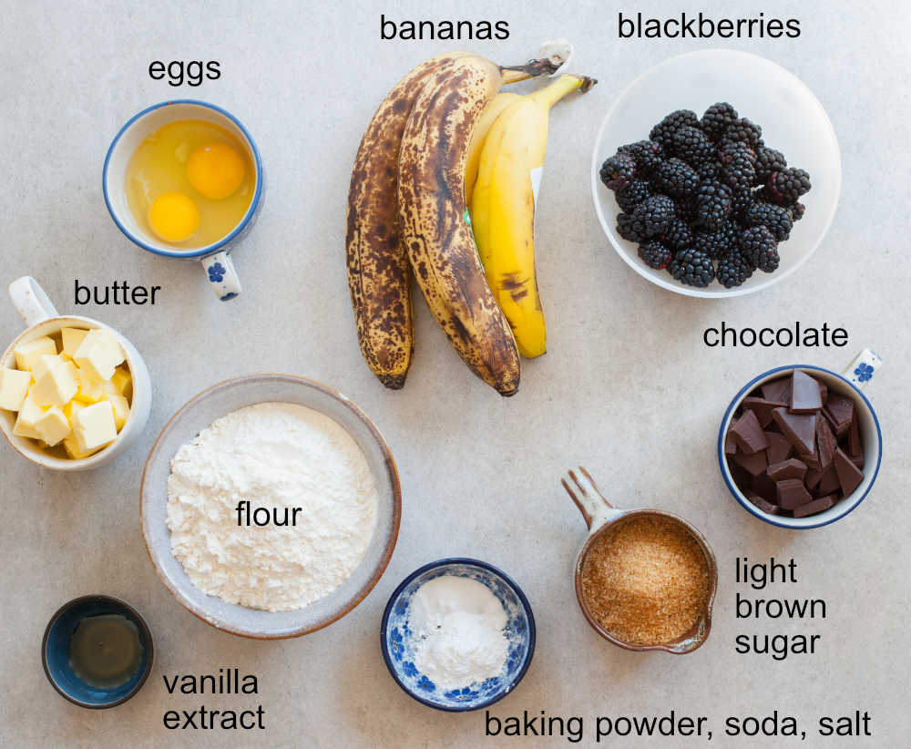 Labeled ingredients for blackberry banana bread.