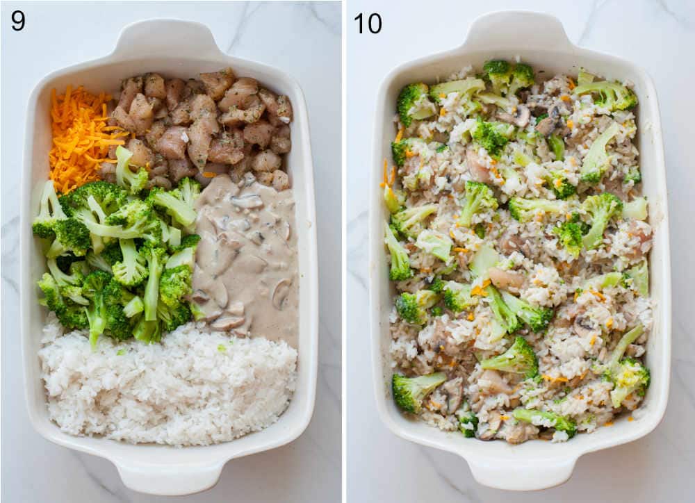 Assembling steps of chicken broccoli rice casserole.