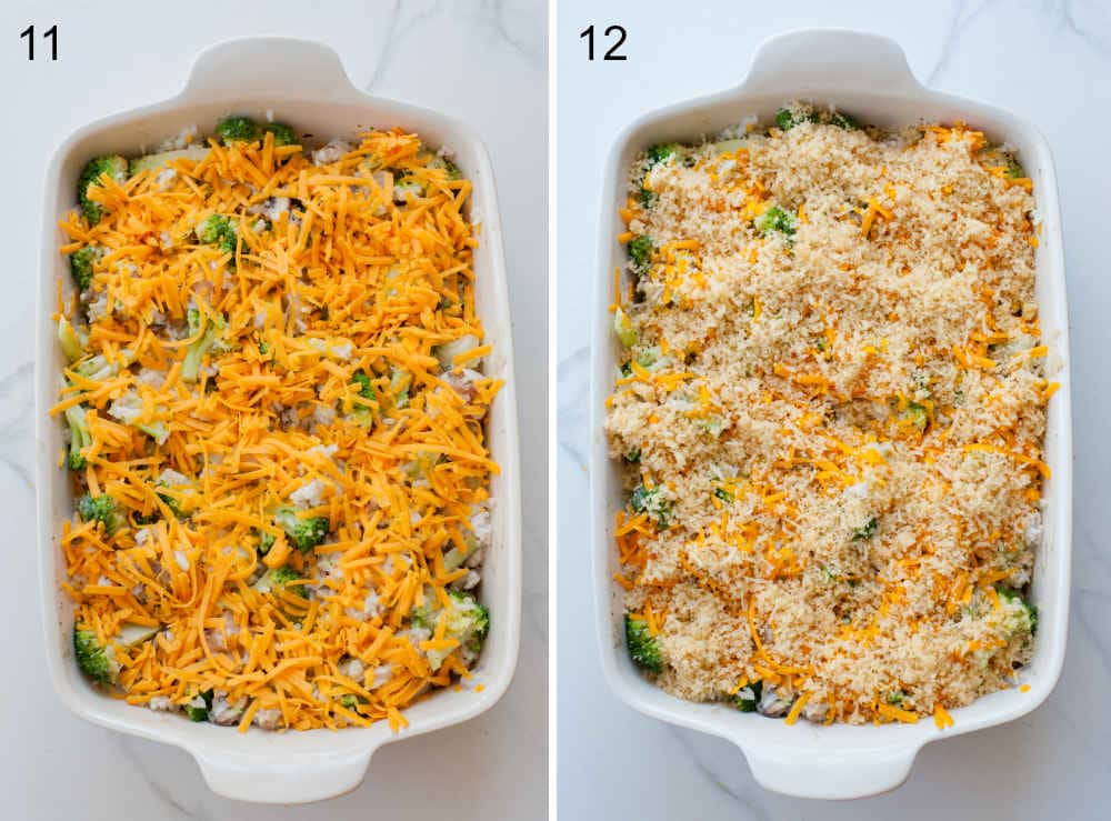 Assembling steps of chicken broccoli rice casserole.