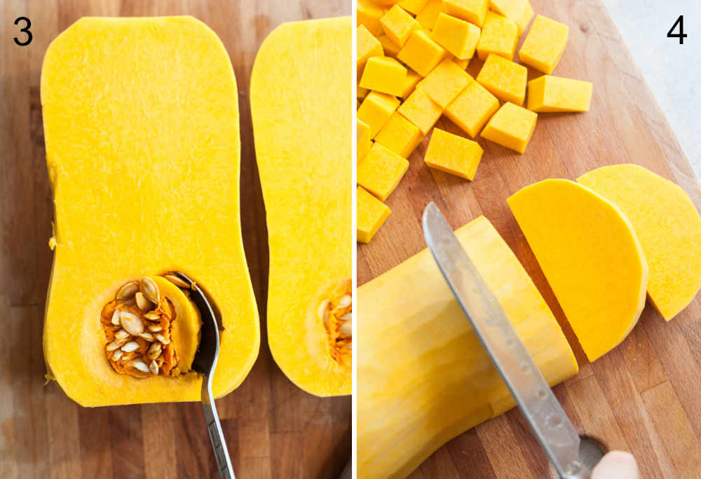 Scooping out the seeds form butternut squash. Cutting butternut squash into cubes.