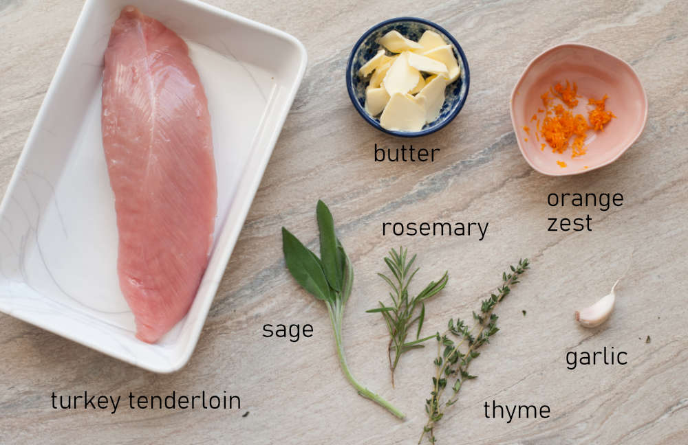 Labeled ingredients for baked turkey tenderloin.