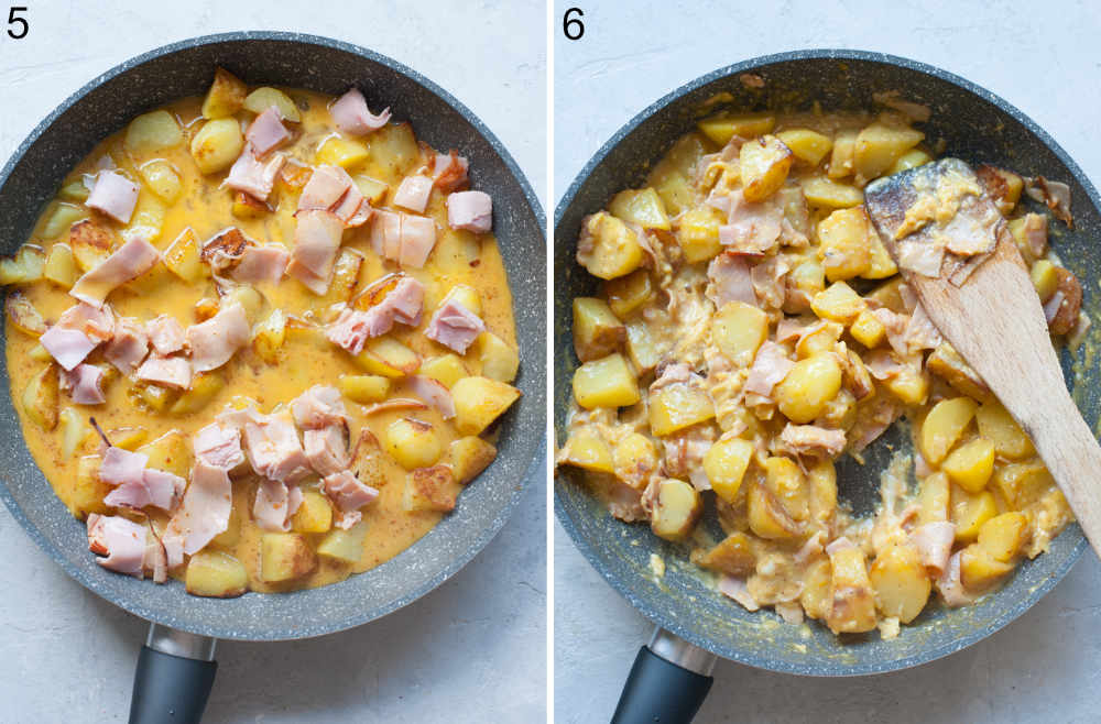 Potatoes ham and eggs are being cooked in pan.