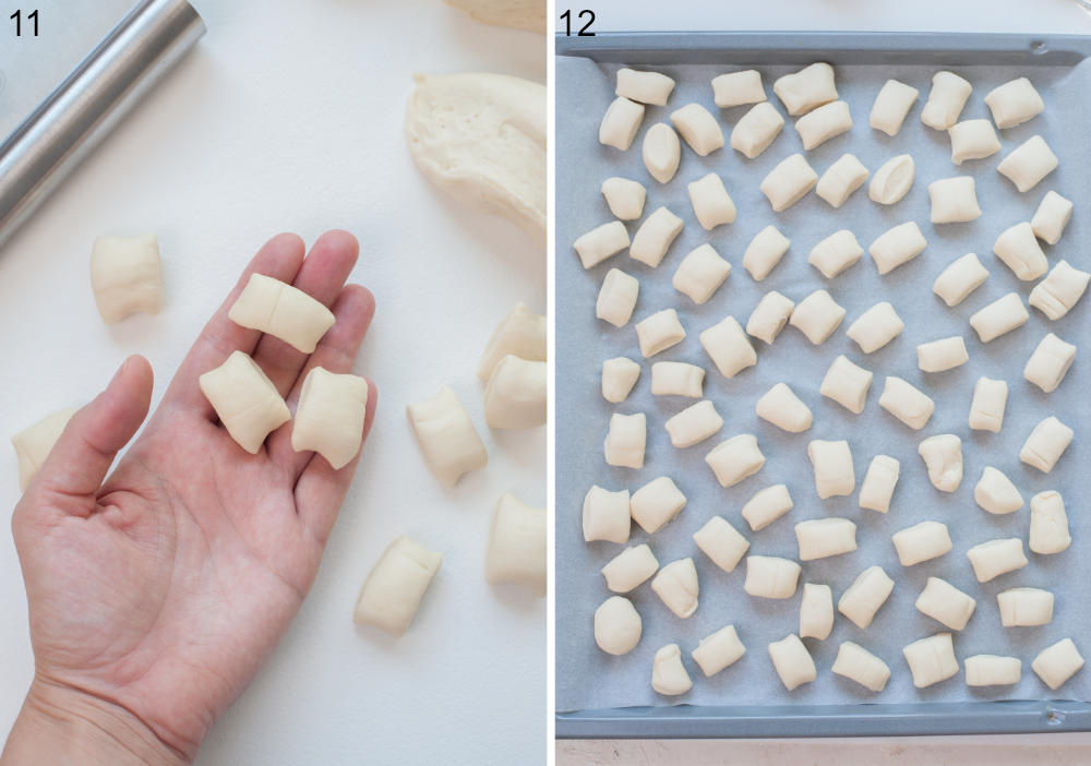 Pretzel bites held in a hand. Pretzel bites ready to be cooked on a tray lined with parchment paper.