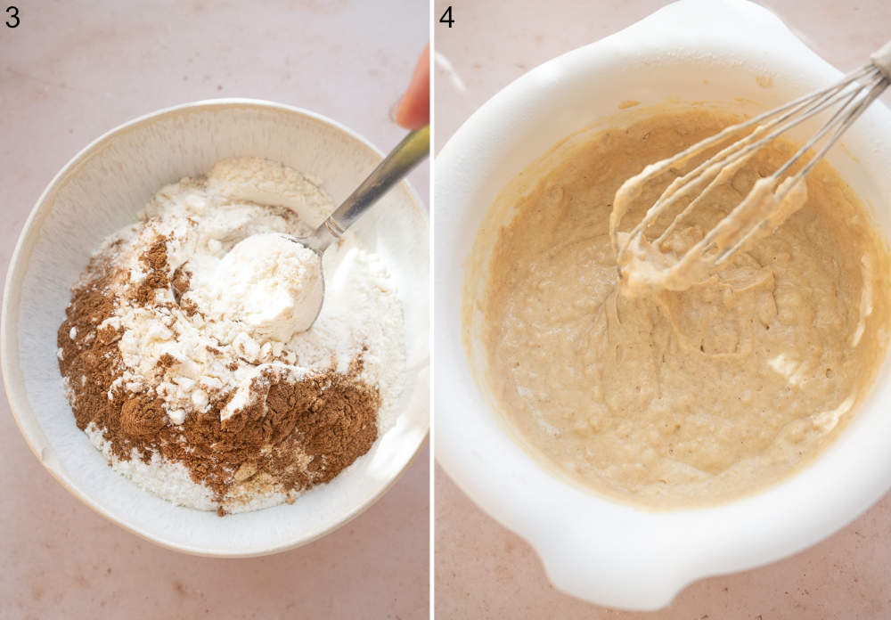 Dry ingredients for pancakes are being stirred in a bowl. Pancake batter in a bowl.