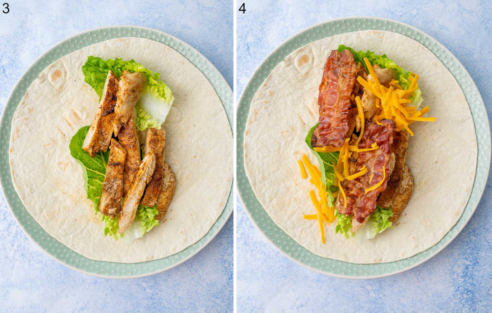 Tortilla topped with lettuce, chicken, bacon, and cheddar.