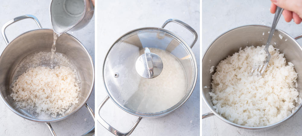 A collage of three photos showing how to cook rice.