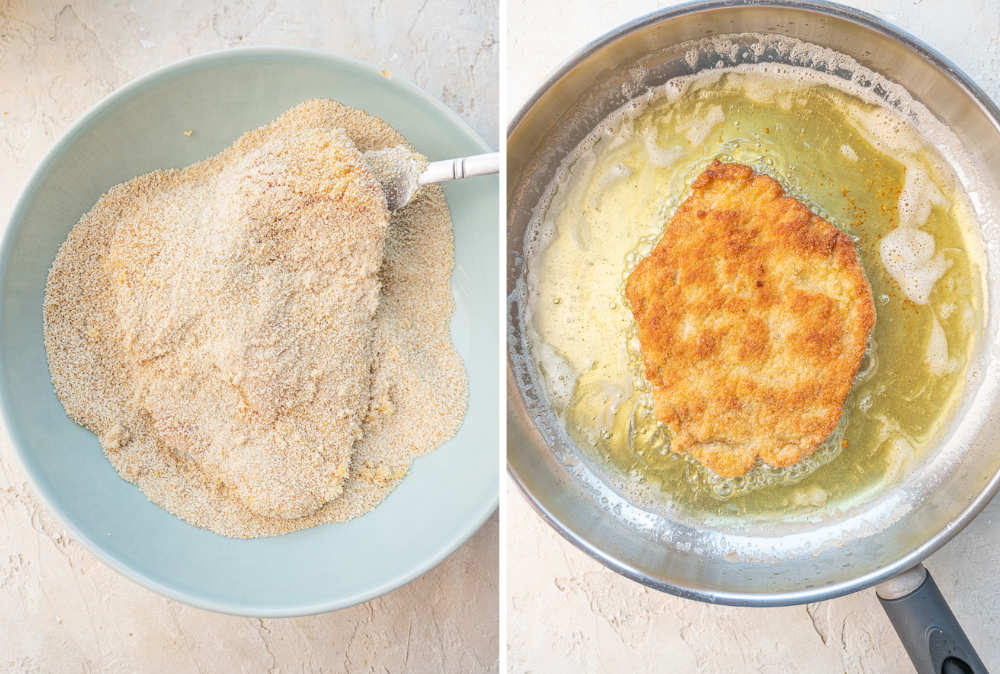 Pork chop is being coated in breadcrumbs and fried in a pan.