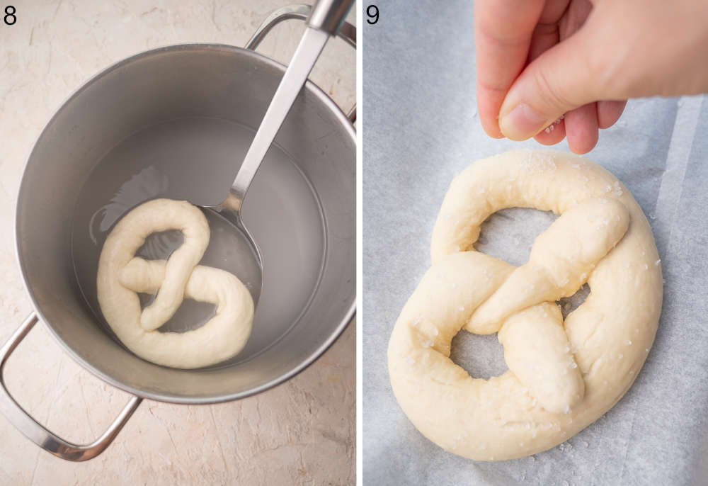 Pretzels are being cooked in soda bath. Pretzels are being sprinkled with coarse salt.