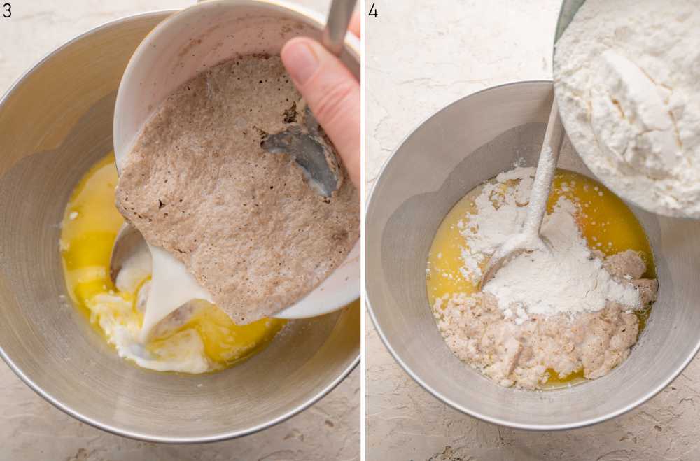 Proofed yeast is being added to a bowl. Flour is being added to a bowl.
