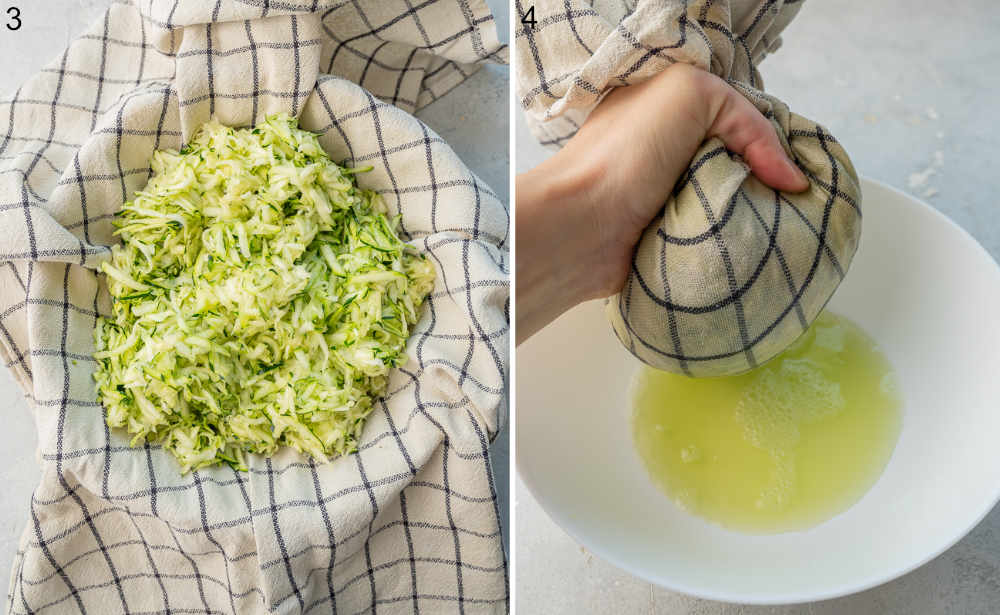 Excess water is being squeezed out of shredded zucchini.