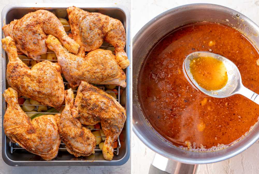 Seasoned chicken leg quarters on a wire rack. Gravy is being cooked in a pot.