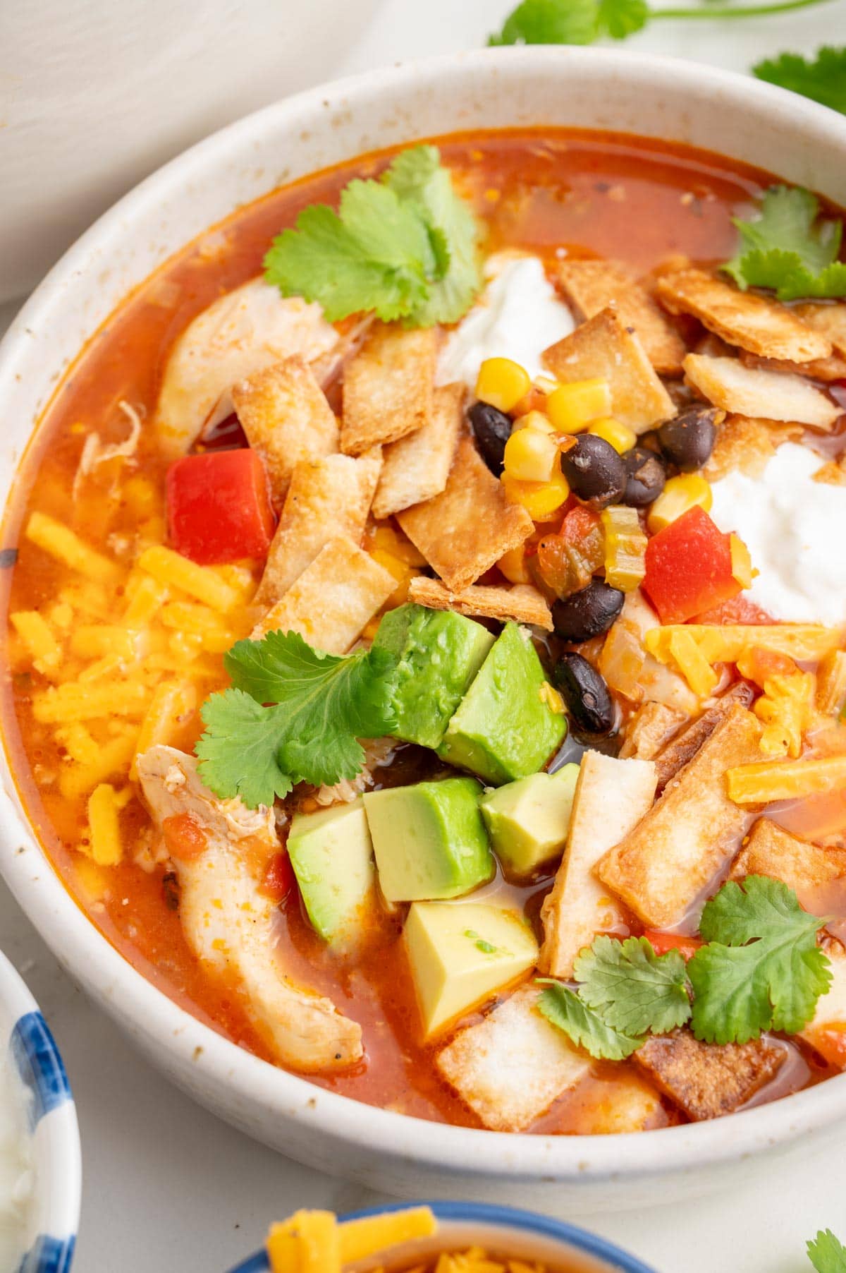 Chicken tortilla soup in a white bowl.
