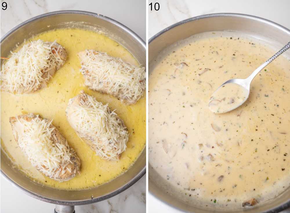 Chicken breasts topped with cheese in a creamy sauce in a pan.