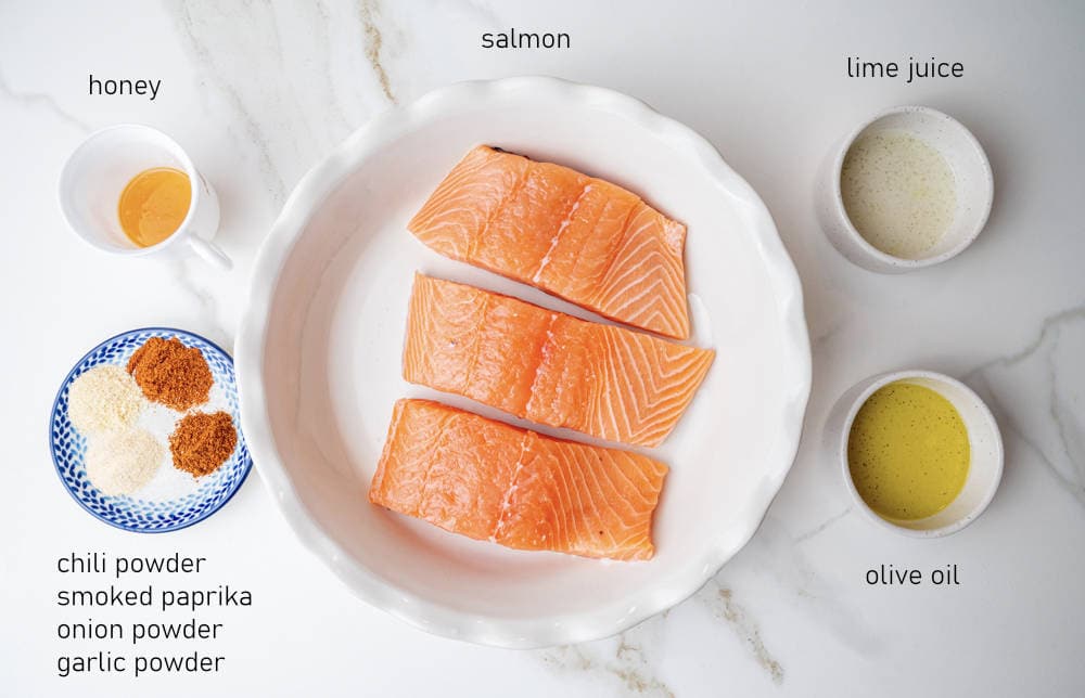 Labeled ingredients for baked sallmon.