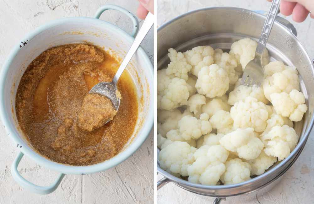 Buttered breadcrumbs in a pot. Steamed cauliflower florets in a w steamer basket.