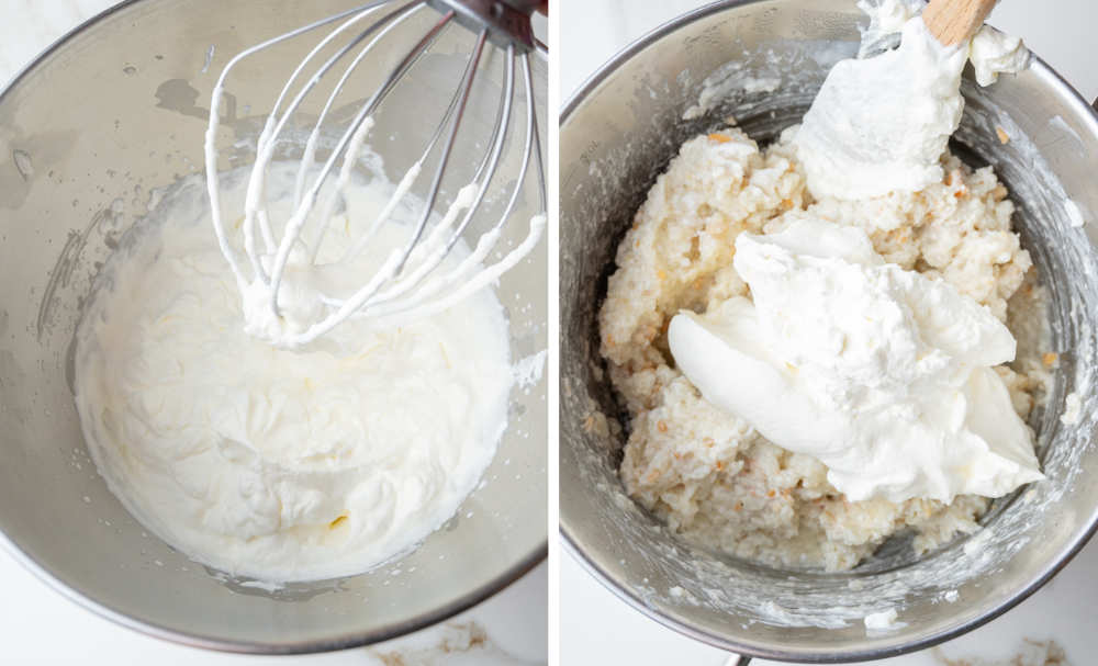 Whipped cream in a mixing bowl. Whipped cream and risalamande in a pot.