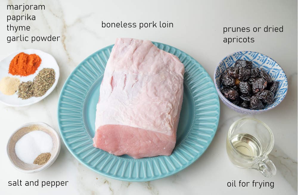 Labeled ingredients for Polish pork loin roast stuffed with prunes.