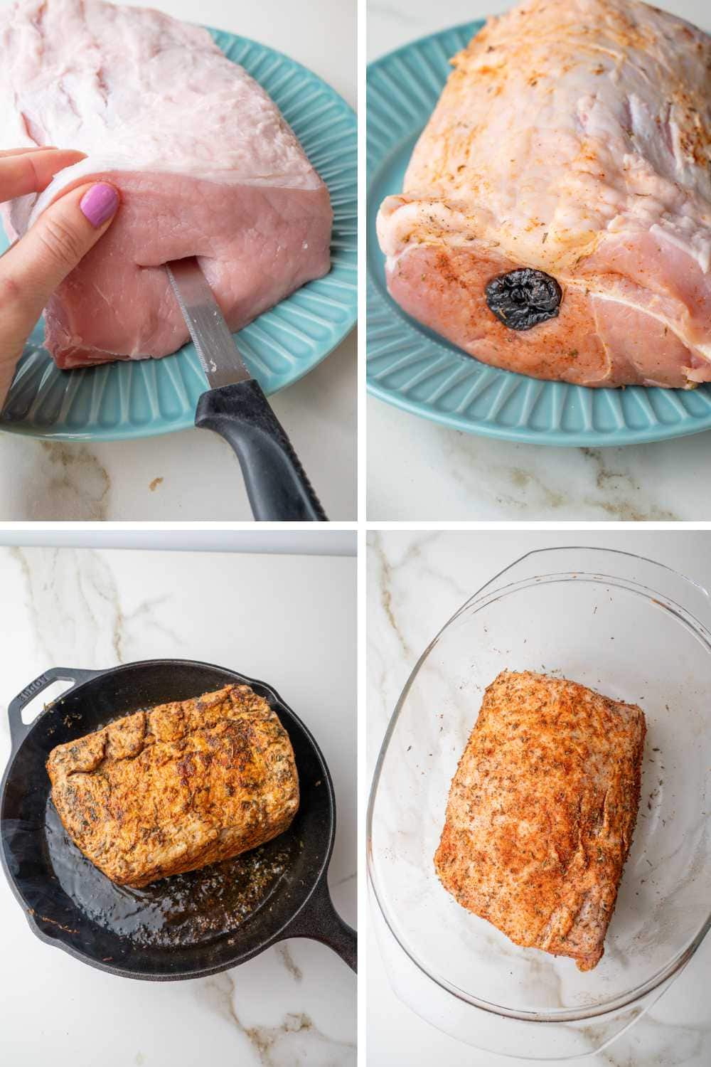 A collage of 4 photos showing how to prepare Polish pork loin roast stuffed with prunes step-by-step.