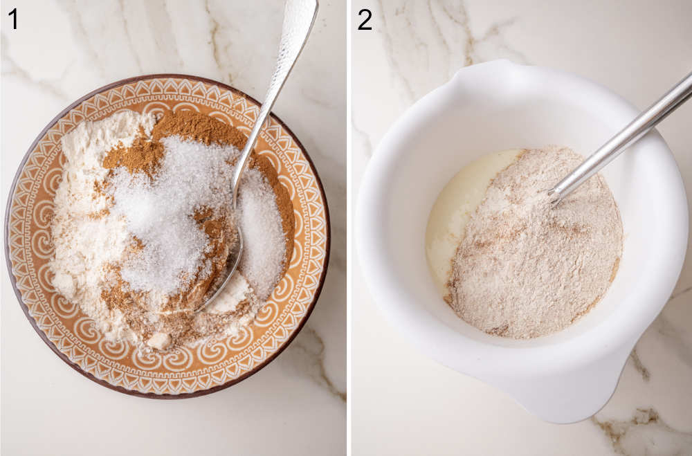Dry ingredients for pancakes in a bowl. Dry and wet ingredients for pancakes in another bowl.