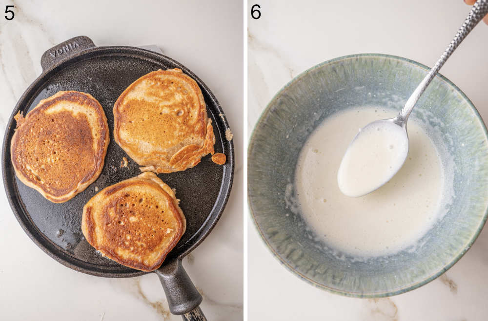 Pancakes on a black pancake pan. Cream cheese glaze in a bowl.