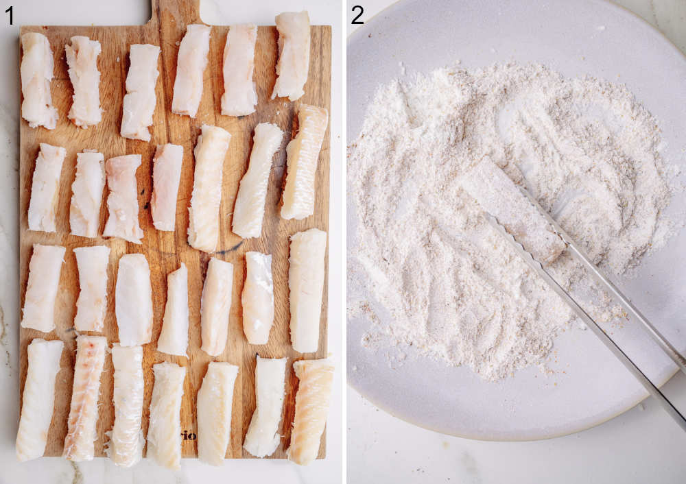 Raw fish sticks cut into uniform pieces arranged on a wooden cutting board (labeled 1). Next to it, a plate of seasoned flour with a piece of fish being dredged using tongs (labeled 2).