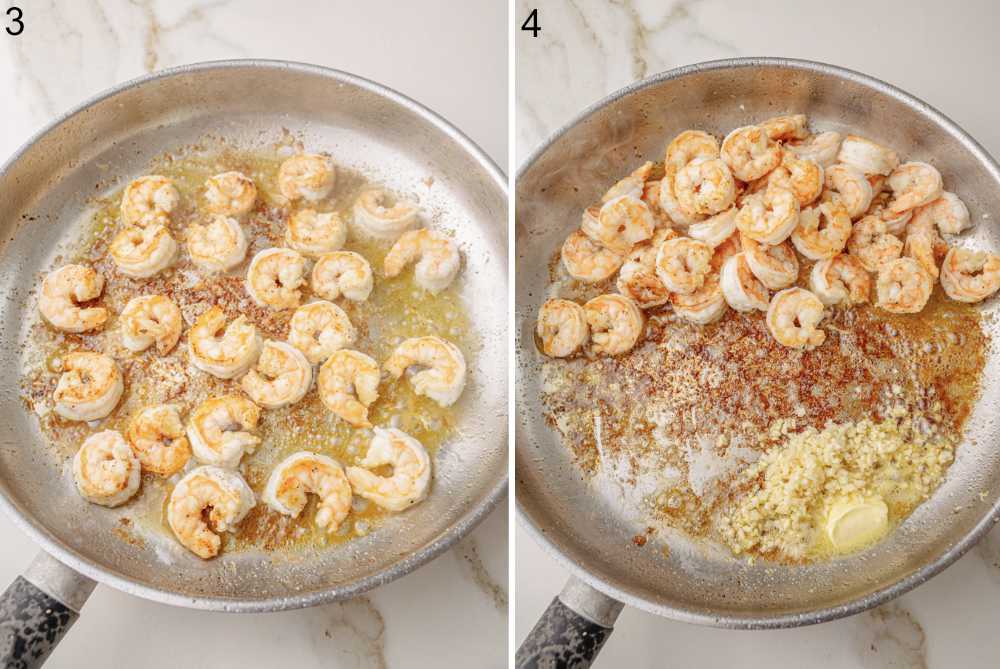 Left photo: Shrimp cooking in a skillet with oil.
Right photo: Cooked shrimp pushed aside, garlic and butter in the pan.
