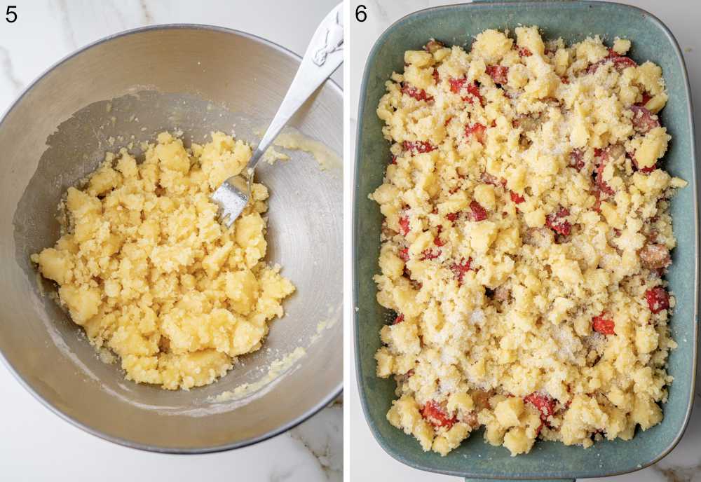 Photo on the left – crumble mixture broken into smaller pieces with a fork. Right photo – crumble topping is sprinkled over the fruit filling in the baking dish and topped with sugar.