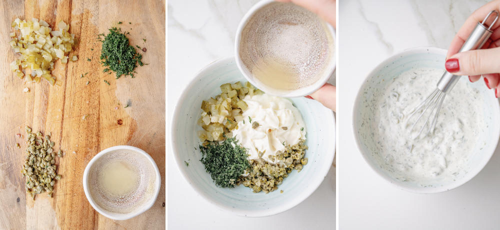 Three-step collage showing how to make tartar sauce: chopped pickles, dill, and capers on a wooden board; ingredients added to a bowl with mayonnaise and lemon juice; final step shows the sauce being whisked together.
