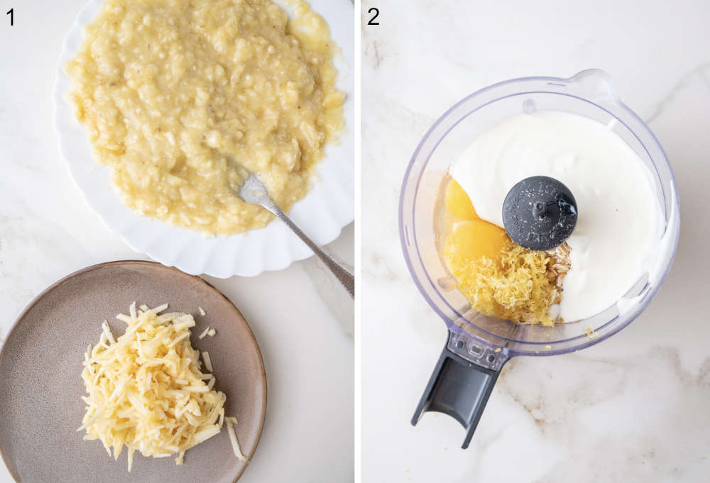 Mashed ripe bananas on a white plate and grated apple on a brown plate. Wet ingredients in a food processor bowl ready to be blended.