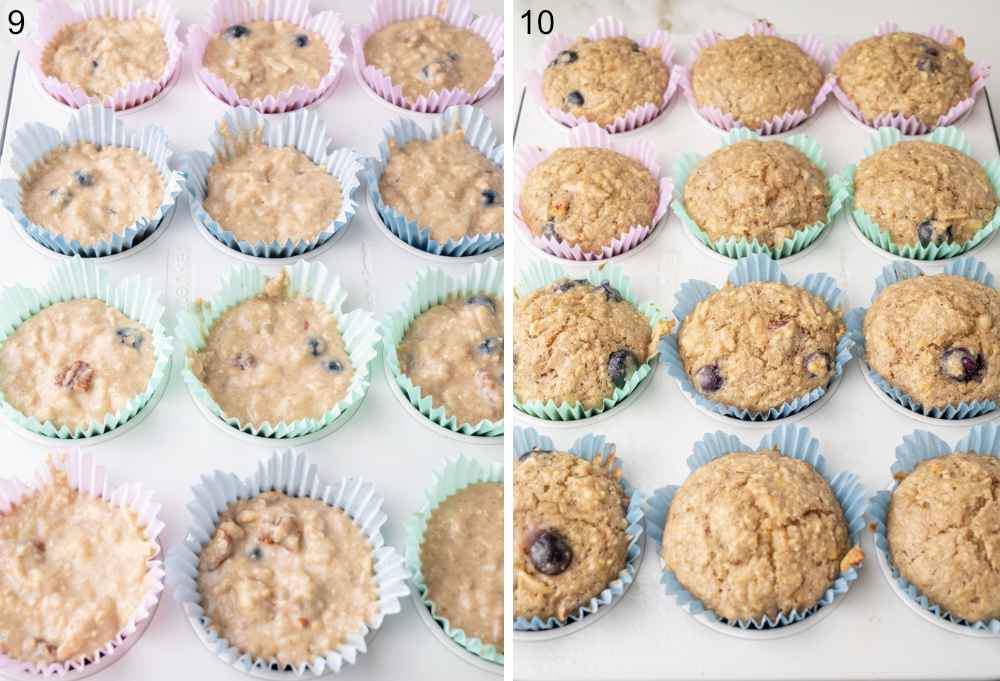 The muffin mixture spooned into colorful paper liners in a muffin pan before and after baking.