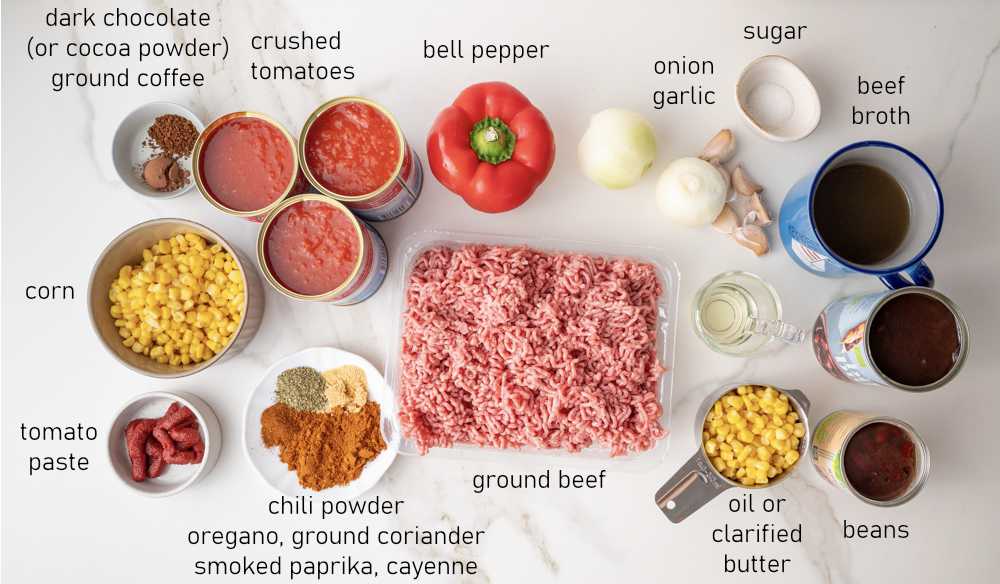 Labeled ingredients for chili con carne with ground beef.