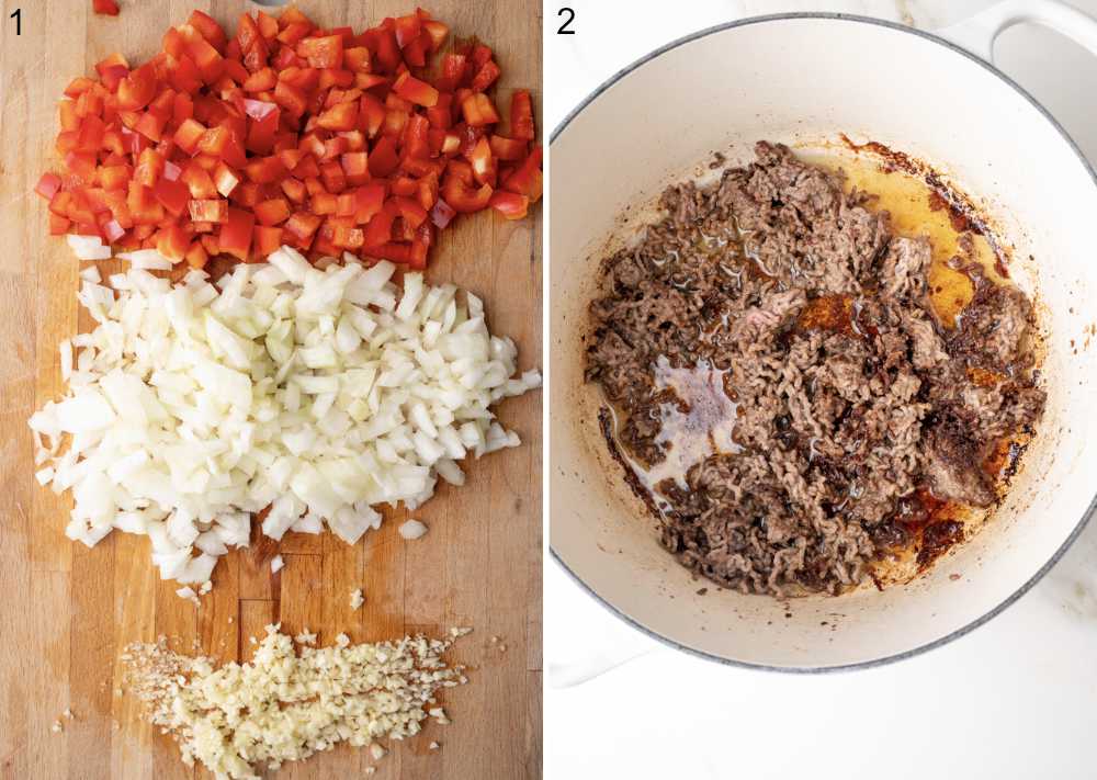 Chopped red bell peppers, onions, and garlic on a wooden cutting board. Ground beef being browned in a pot.