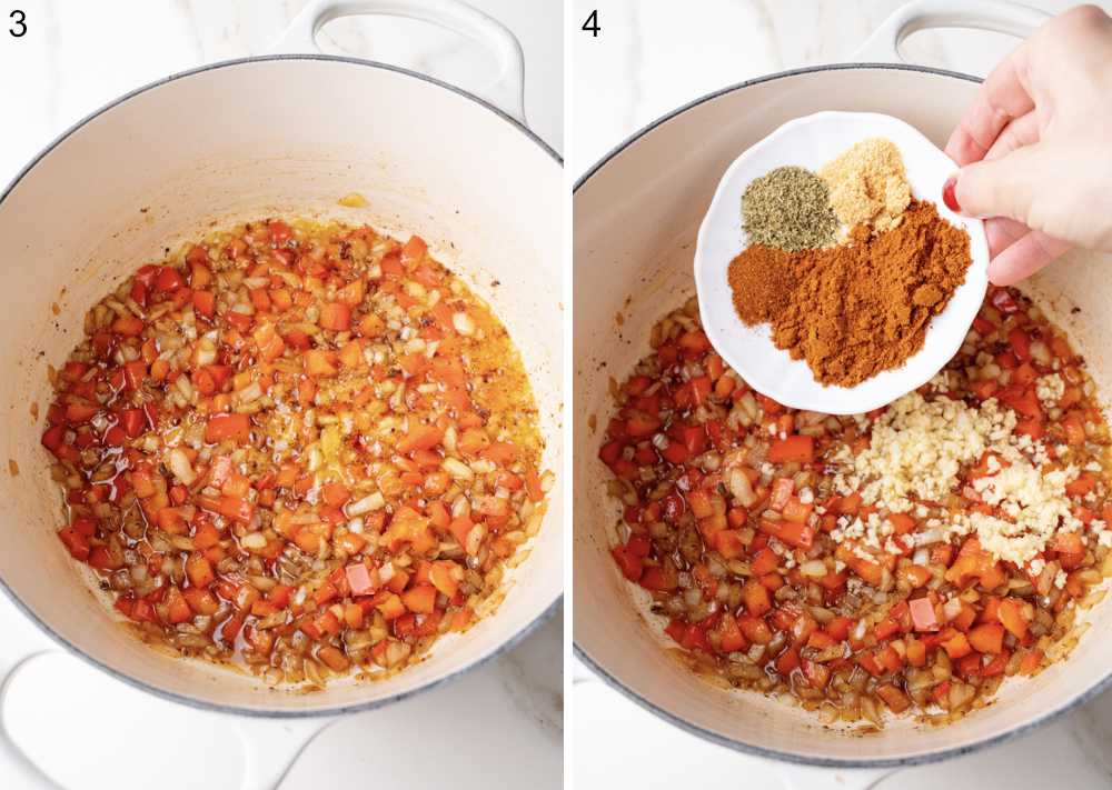 Left: Sautéed onions and red bell peppers in a pot.
Right: Spices and minced garlic added to the pot.