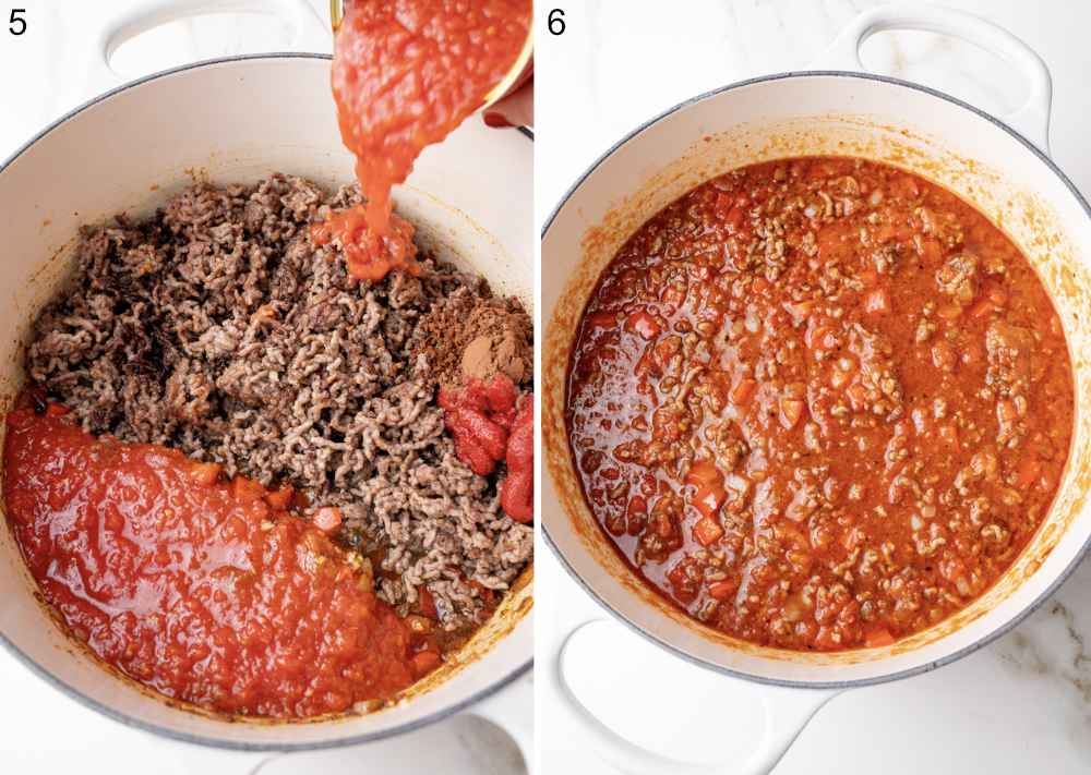 Left: Ground beef browning with the sautéed vegetables.
Right: Tomato paste and canned tomatoes added to the pot.
