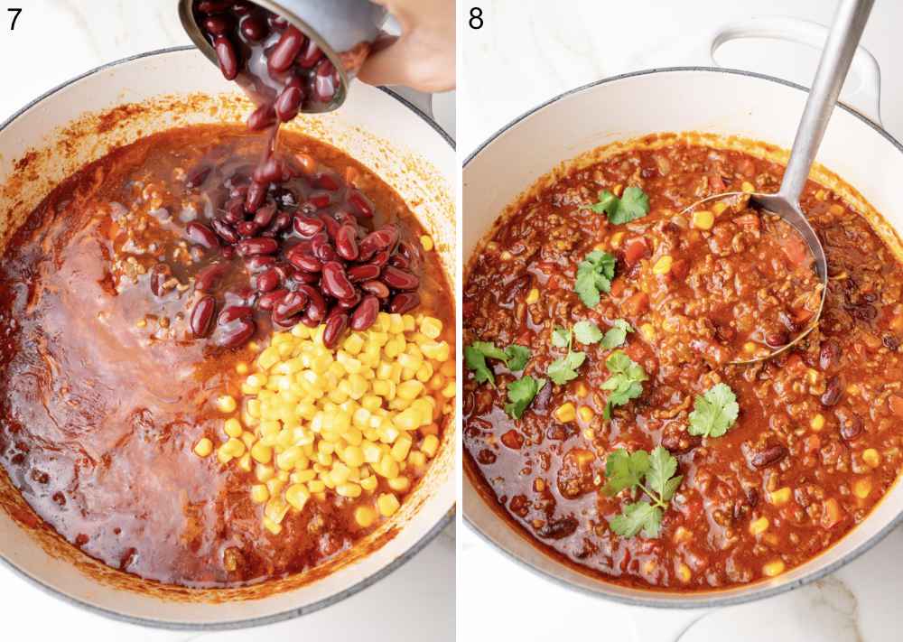 Left: Beans and corn added to the chili.
Right: Chili simmering in the pot with all ingredients combined.