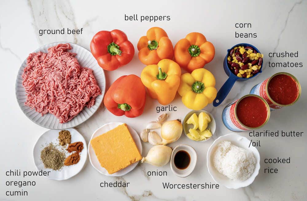Labeled ingredients for Jack-o'-Lantern Stuffed Peppers.