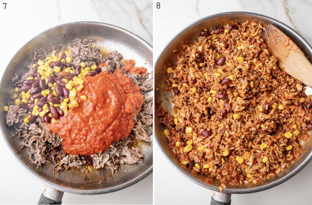 On the left beef mixed with corn beans sauce and on the right cooked filling ready for stuffing.