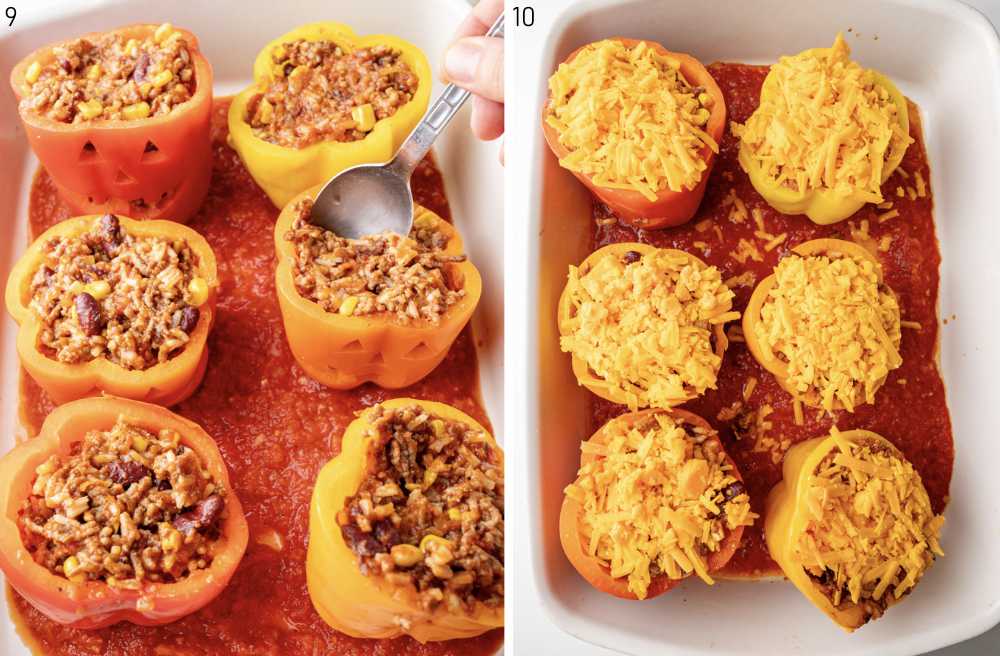 On the left peppers being filled with stuffing and on the right topped with shredded cheese before baking.