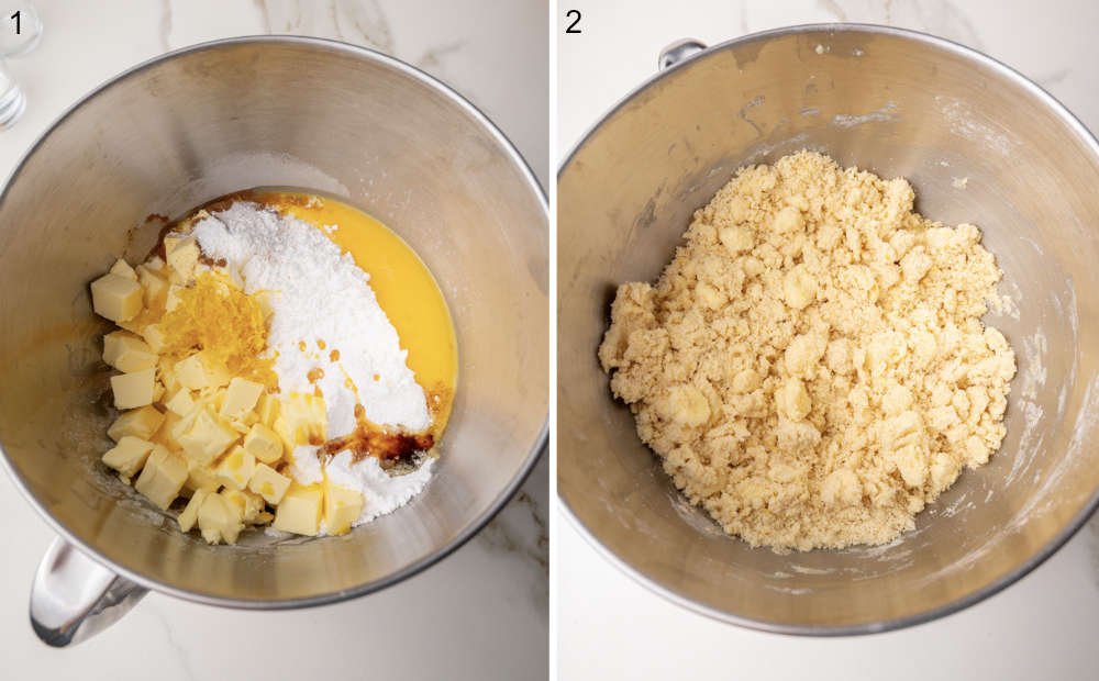 Side-by-side photos showing the ingredients for the dough in a mixing bowl (flour, sugar, butter, egg, zest, vanilla) and the crumbly mixed dough.