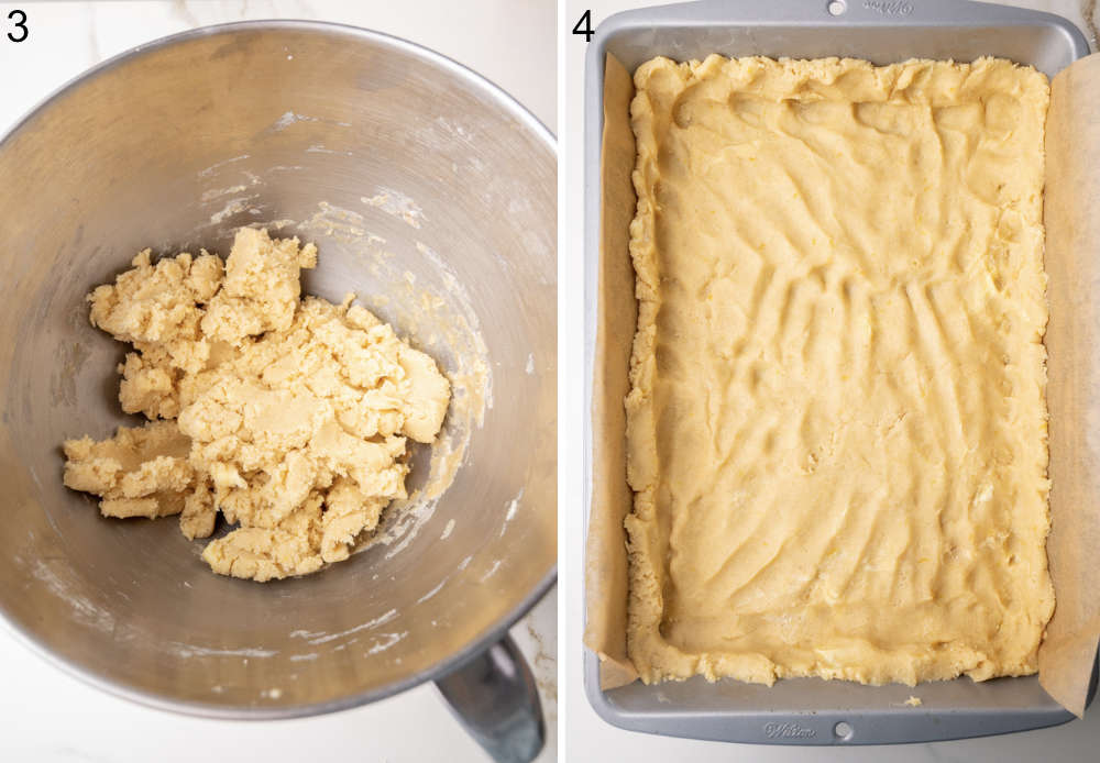 Left: mixed dough formed into a soft ball; Right: dough pressed evenly into a baking pan lined with parchment paper, forming the cake base.