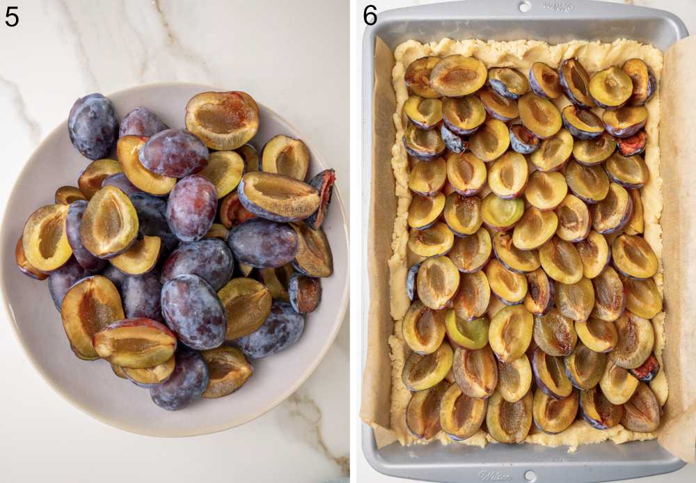 Left: fresh halved prune plums in a bowl; Right: halved plums arranged neatly on top of the unbaked dough in a pan.