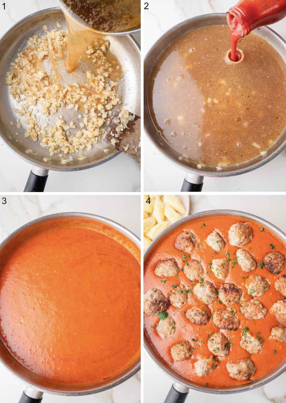 A collage of 4 photos showing how to prepare tomato sauce for Polish meatballs.