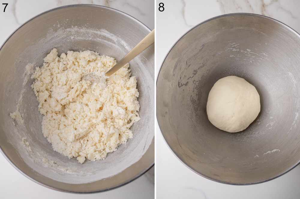 Roughly mixed dough in a bowl. A dough ball in a bowl.